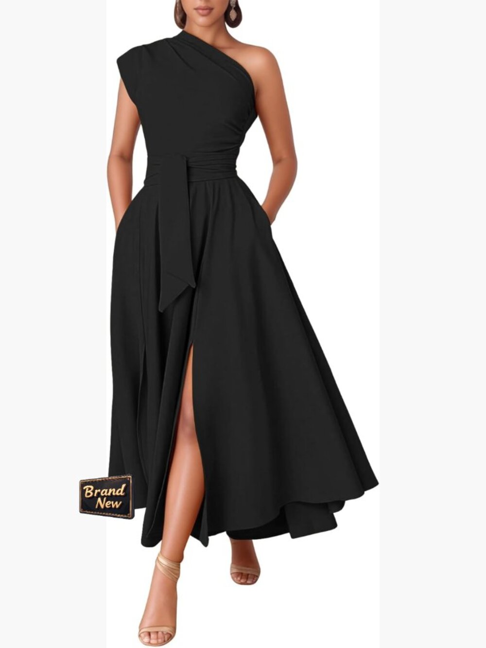 Elegant One Shoulder Asymmetrical A-Line Maxi Dress Flowy Sleeveless Women
